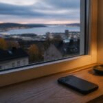 Mobiltelefon på en fönsterbräda med utsikt över Oslos tak och fjorden i skymningen