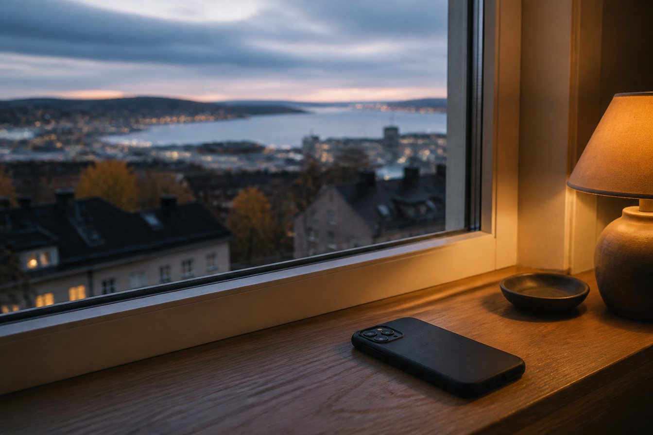 Mobiltelefon på en fönsterbräda med utsikt över Oslos tak och fjorden i skymningen