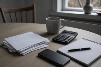 Köksbord med en bunt oöppnade kuvert, miniräknare, mobiltelefon och kaffekopp i grått kvällsljus