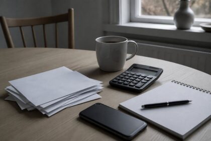 Köksbord med en bunt oöppnade kuvert, miniräknare, mobiltelefon och kaffekopp i grått kvällsljus